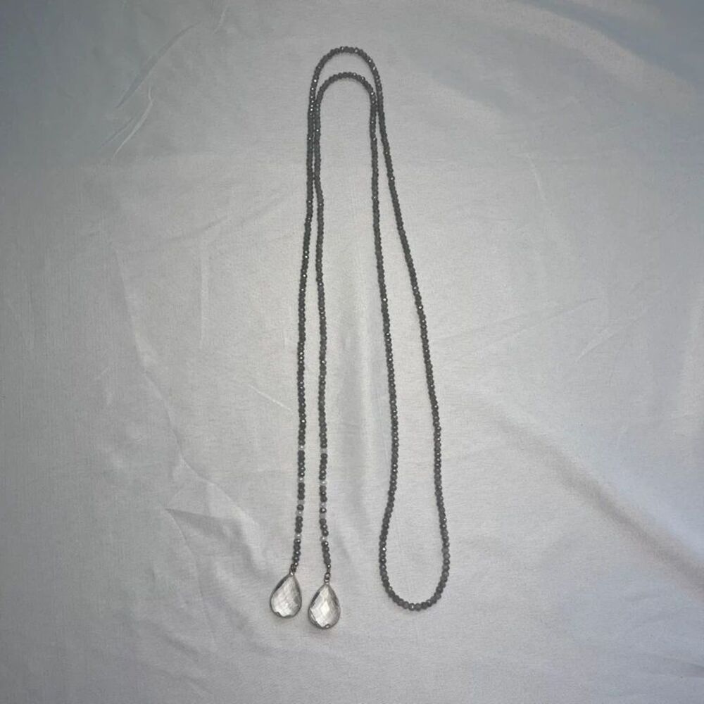 Long Gray Beaded Lariat Necklace with Clear Crystal Teardrop Charms